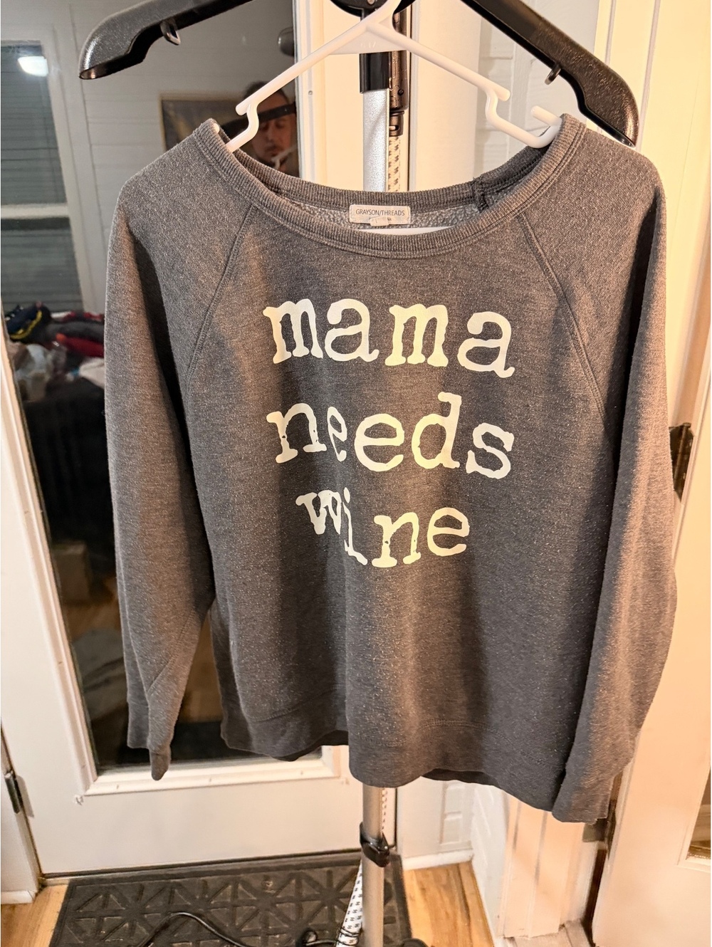 Grayson Threads Mama Needs Wine Long Sleeve Top Gray